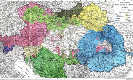 Harta etnică România și Austro-Ungaria, cu albastru românii, sursă foto wikipedia