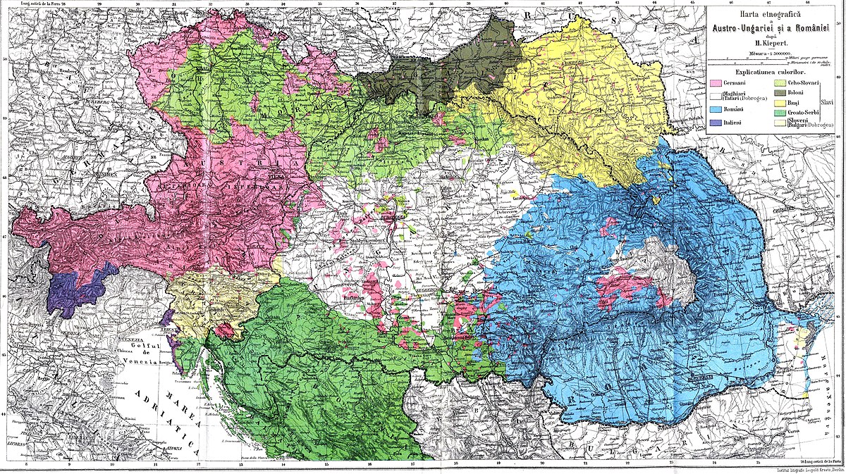 Harta etnică România și Austro-Ungaria, cu albastru românii, sursă foto wikipedia