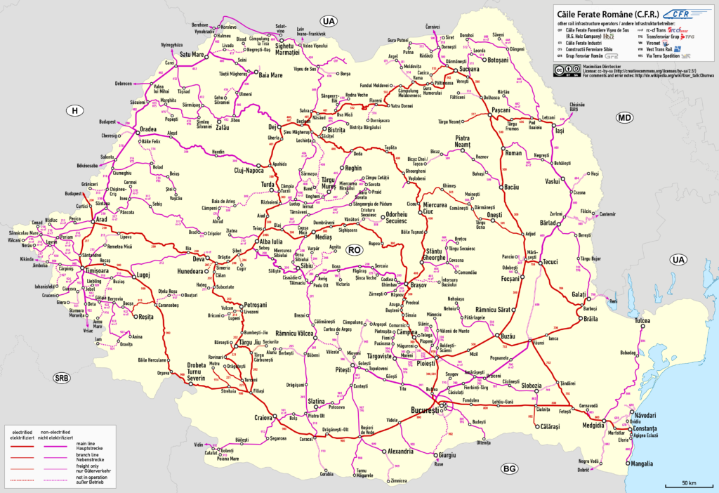 Harta căilor ferate din România, sursă foto Wikipedia