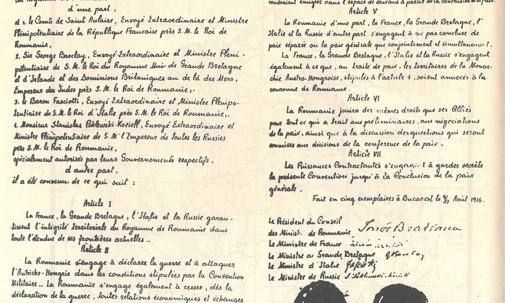4 august 1916: semnarea Tratatului de alianță și convenție militară dintre România și Antanta