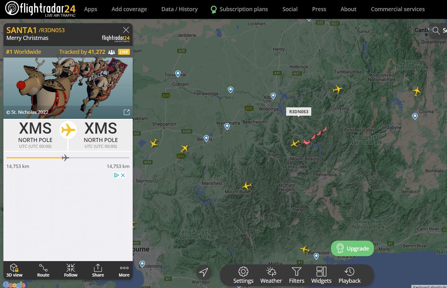 Flightradar24 Santa traseul lui Moș Crăciun, Sursă: Flightradar24