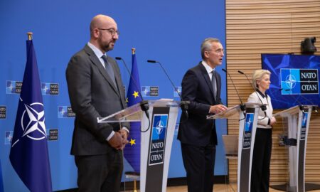 Stoltenberg, Michel și Von der Leyen, Sursă foto: NATO