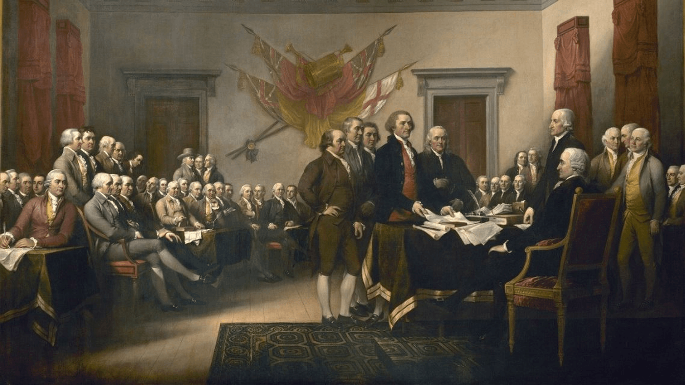 Declaraţia de independenţă din 4 iulie 1776, actul de naştere al naţiunii americane. John Adams este cel din mijloc, cu mâna în șold. (sursă foto: historia.ro)