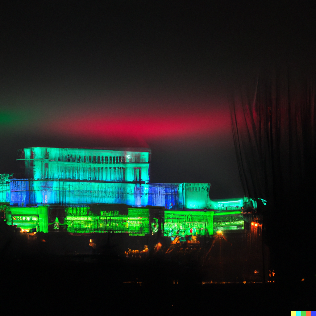 Palatul Parlamentului noaptea, cu o aurora boreala pe cer. Generată de DALL-E 2