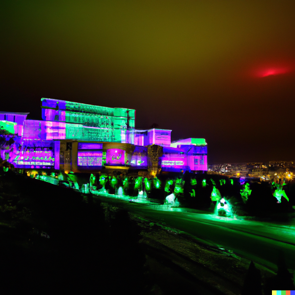 Palatul Parlamentului noaptea, cu o aurora boreala pe cer. Generată de DALL-E 2