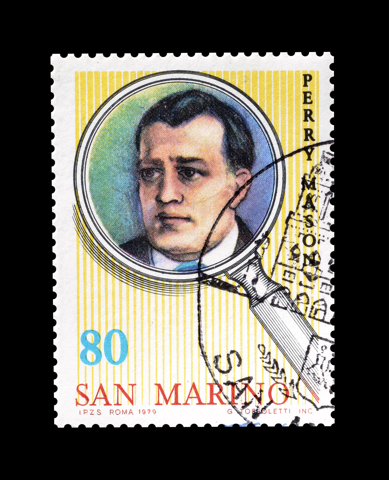 Timbru poștal, tipărit în San Marino, care îl înfățișează pe detectivul Perry Mason, circa 1979 (sursă foto: dreamstime)