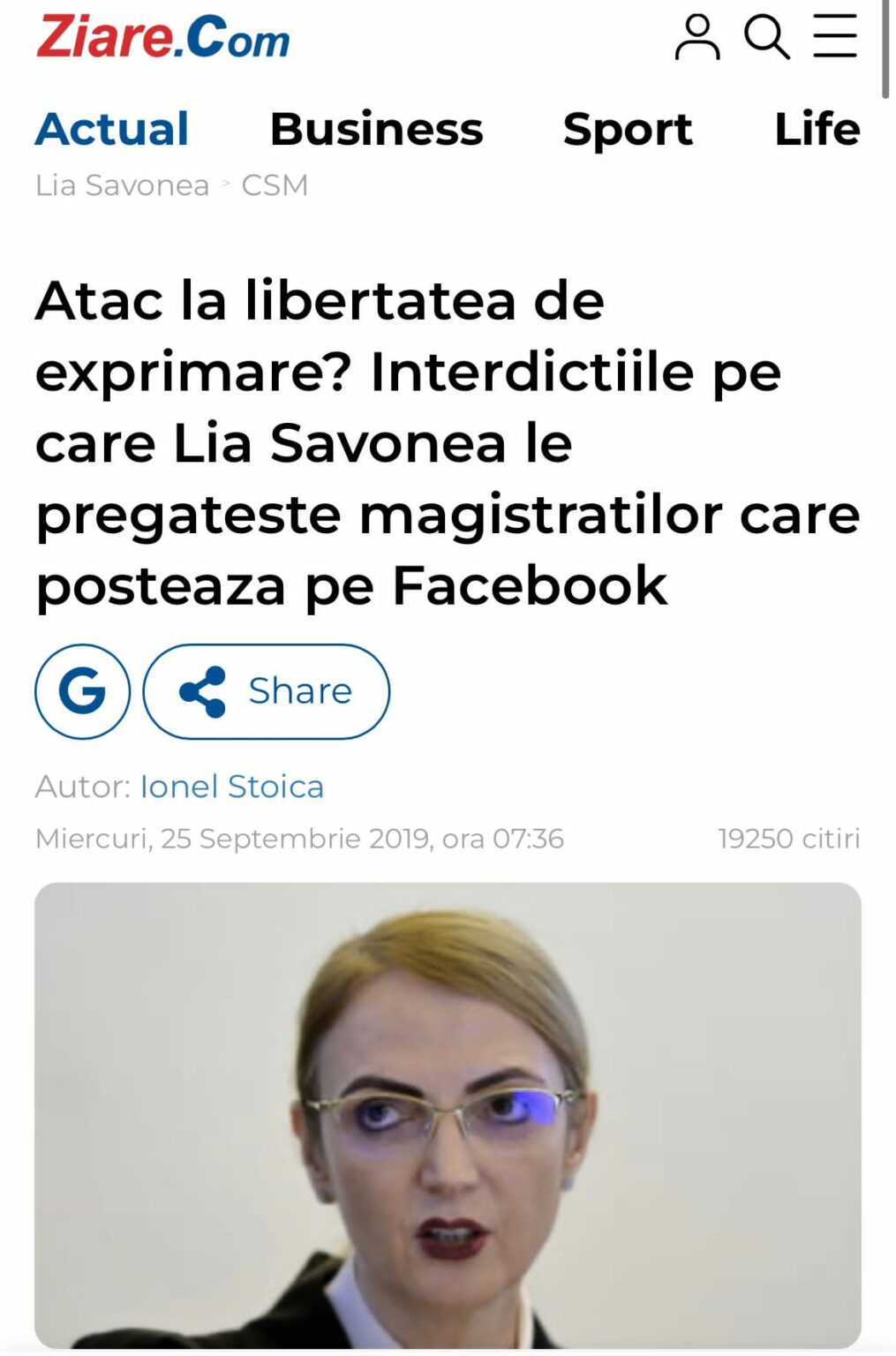 Articol negativ despre Lia Savonea pe Ziare.com, Sursă foto RomâniaTV